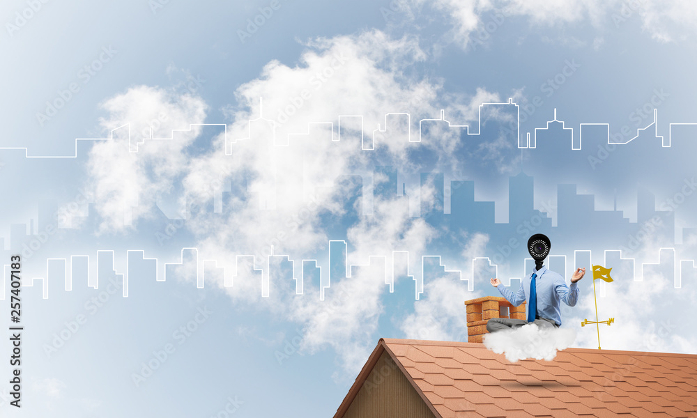 Concept of security and privacy protection with camera headed man meditating Concept of security and privacy protection with camera headed man meditating