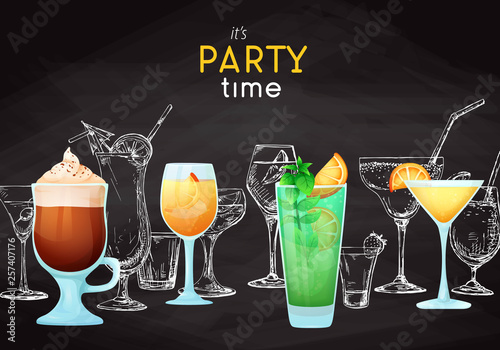 Background with different cocktails. Drawing chalk on a blackboard. Caption: it's party time. Place on your text. Vector