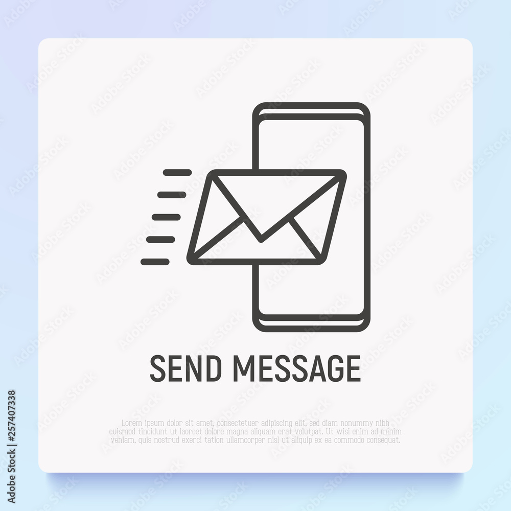 Send message, envelope flying on smartphone thin line icon. Modern vector illustration of web communication. Send message, envelope flying on smartphone thin line icon. Modern vector illustration of web communication.
