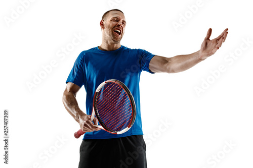 Obraz na płótnie Shot going wide. Stressed tennis player arguing with umpire, referee, linesman or service judge at court. Human emotions, defeat, crash, failure, loss concept. Athlete isolated on white w salonie