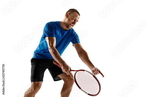Shot going wide. Stressed tennis player arguing with umpire, referee, linesman or service judge at court. Human emotions, defeat, crash, failure, loss concept. Athlete isolated on white