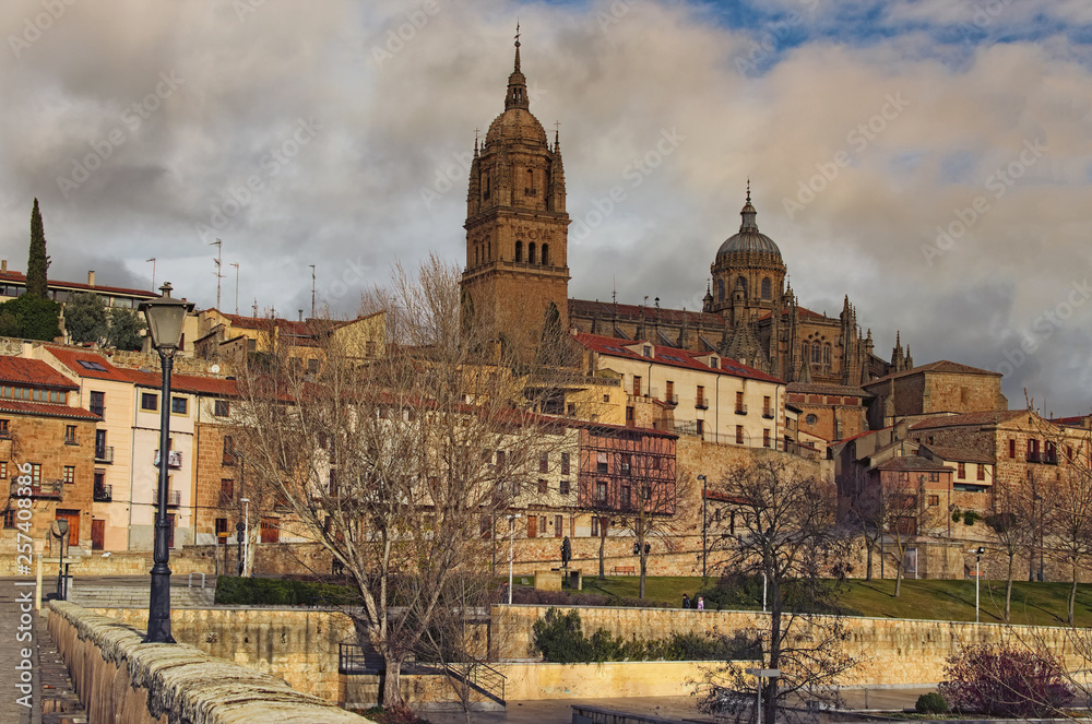 Beautiful winter landscape photo of ancient Salamanca. Catedral Nueva de Salamanca at the top. Popular travel destination in Spain