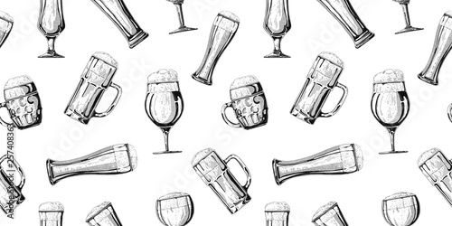 Seamless pattern with different glasses with beer, different mugs of beer. Vector illustration