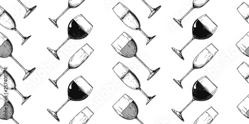 Seamless pattern with different glasses. Champagne and wine.