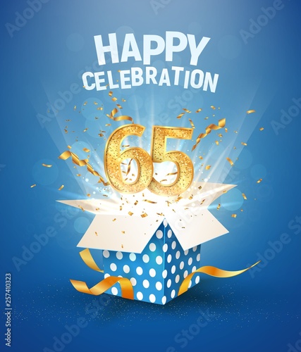 65 th years anniversary and open gift box with explosions confetti. Isolated design element. Template sixty fifth birthday celebration on blue background vector Illustration