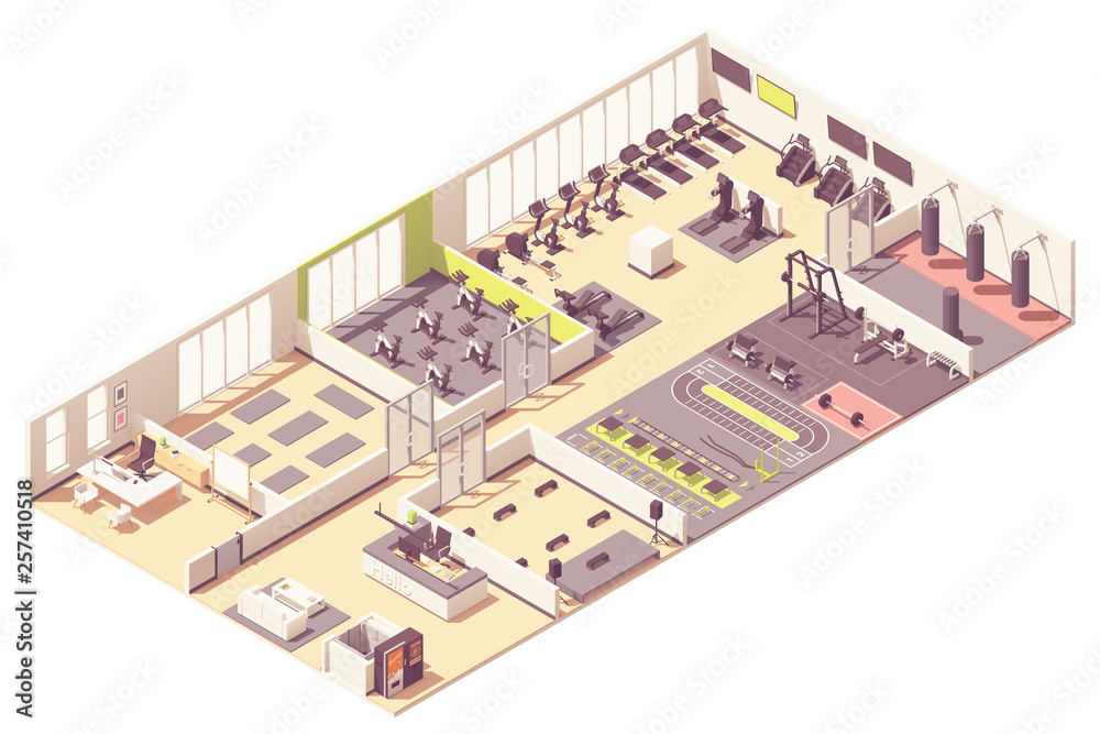 Vector isometric fitness club or gym interior