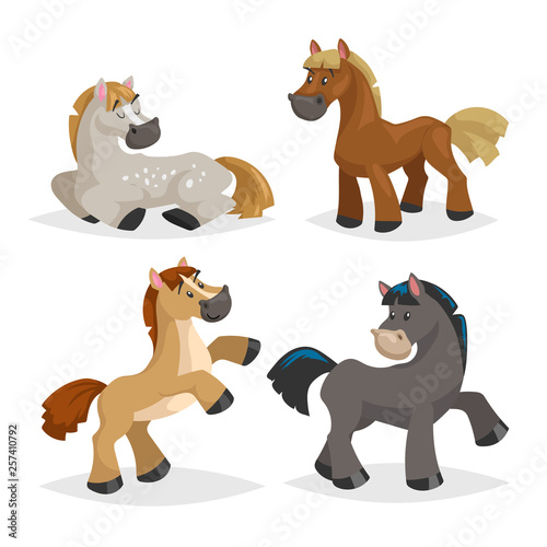 Cute horses in various poses. Cartoon style farm animals. Different colors and breeds. Slleeping  standing  riding and walking horses. Best for kid education. 