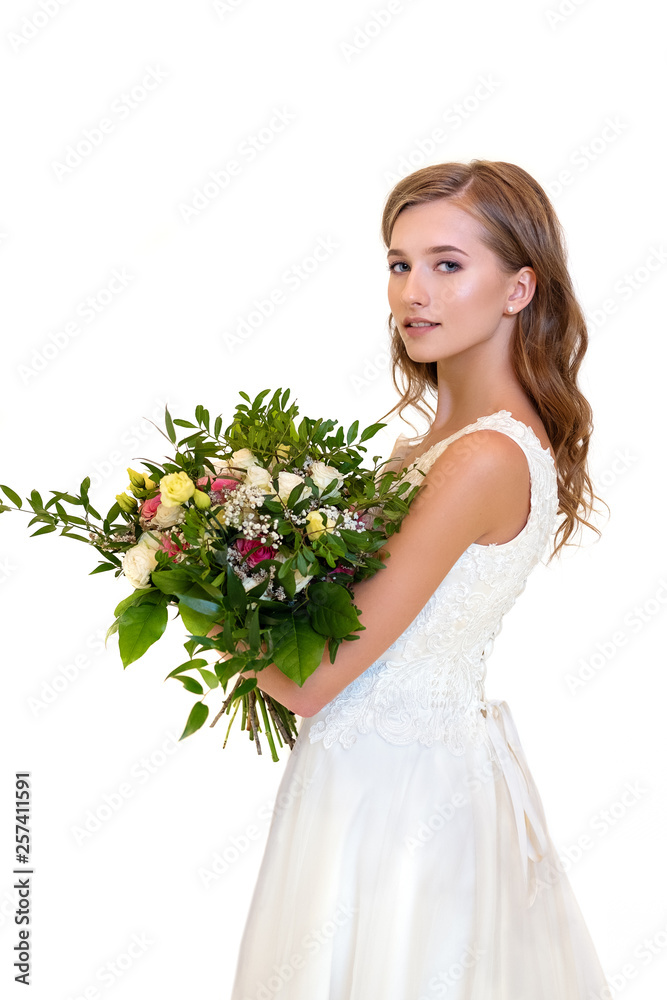 beautiful girl in white dress with big bouquet