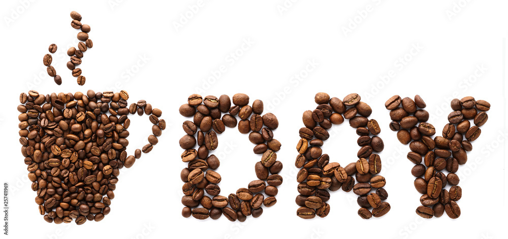 Coffee cup made of coffee beans and lettering. Coffee Day. Coffee cup made of coffee beans and lettering. Coffee Day.