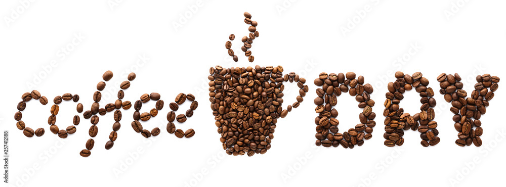 Coffee Day creative banner. Cup made of coffee beans and text. Coffee Day creative banner. Cup made of coffee beans and text.