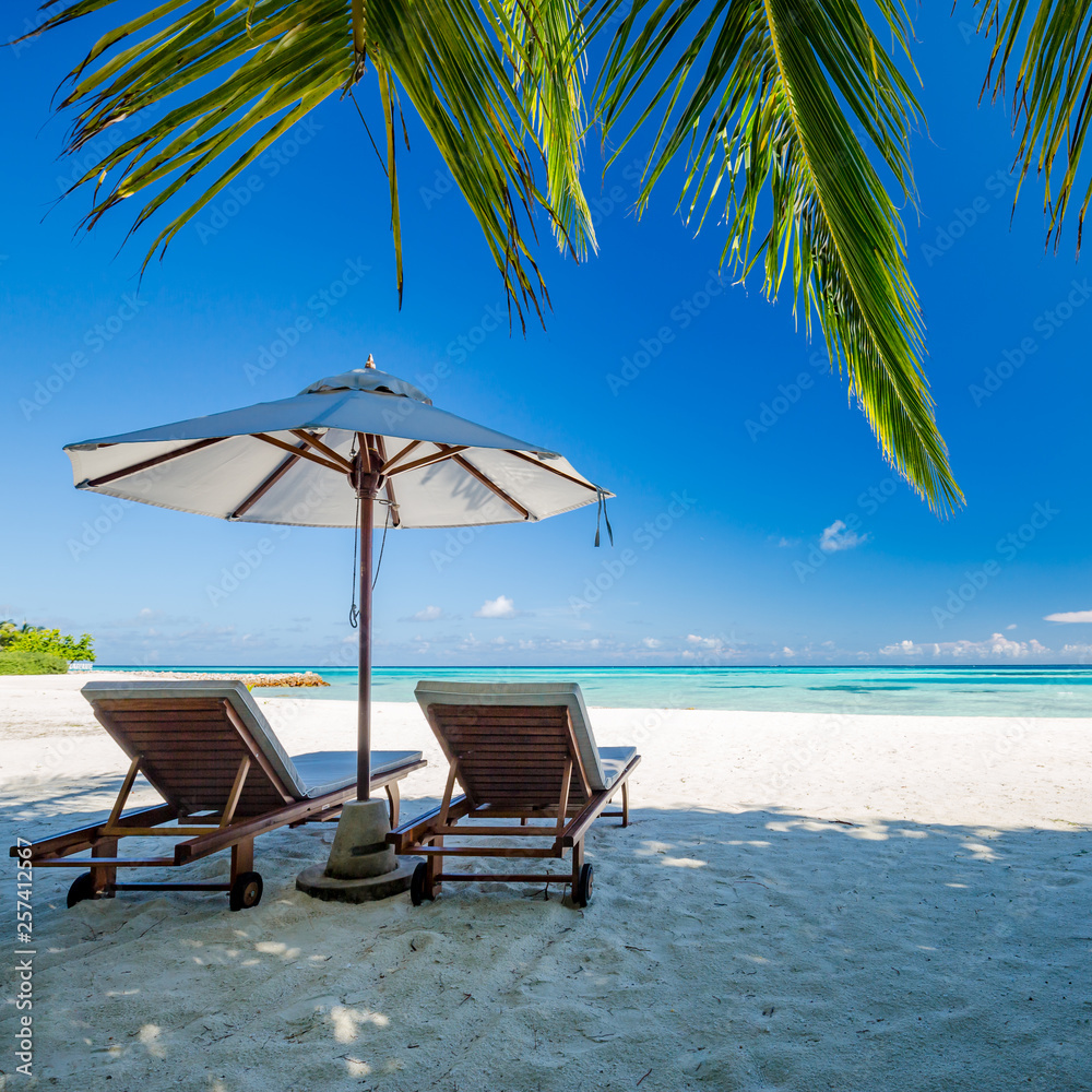Obraz premium Perfect island beach, luxury resort or hotel scenery, wonderful sea view and palm leaf. Tropical landscape for luxurious travel and vacation holiday background