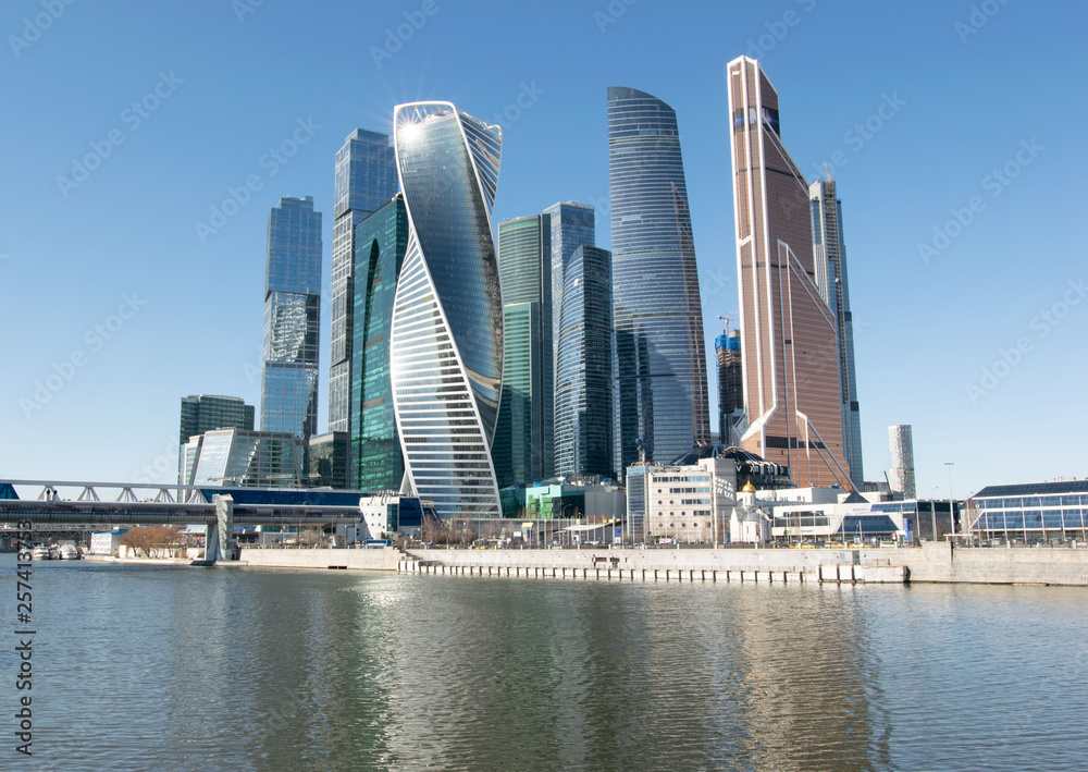 Modern buildings of Moscow City. View from canal embankment