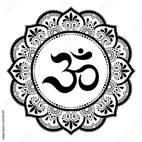 Circular pattern in form of mandala for Henna, Mehndi, tattoo, decoration. Decorative ornament in oriental style with ancient Hindu mantra OM. Coloring book page.