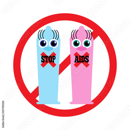 Funny condoms with text STOP AIDS. Vector illustration.