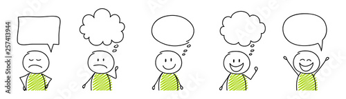 Collection of funny cartoon stickmen with empty speech bubbles. Vector