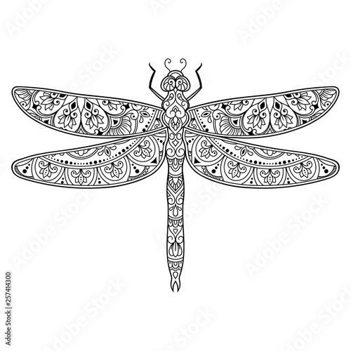 Dragonfly decorated with Indian ethnic floral vintage pattern. Hand drawn decorative insect in doodle style. Stylized mehndi ornament for tattoo, print, cover, book and coloring page.