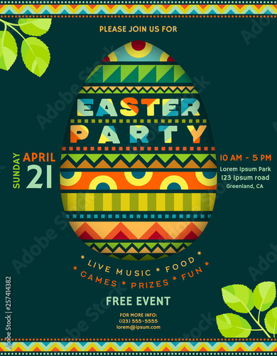 Easter party announcing poster template with ornate egg and border ornament.