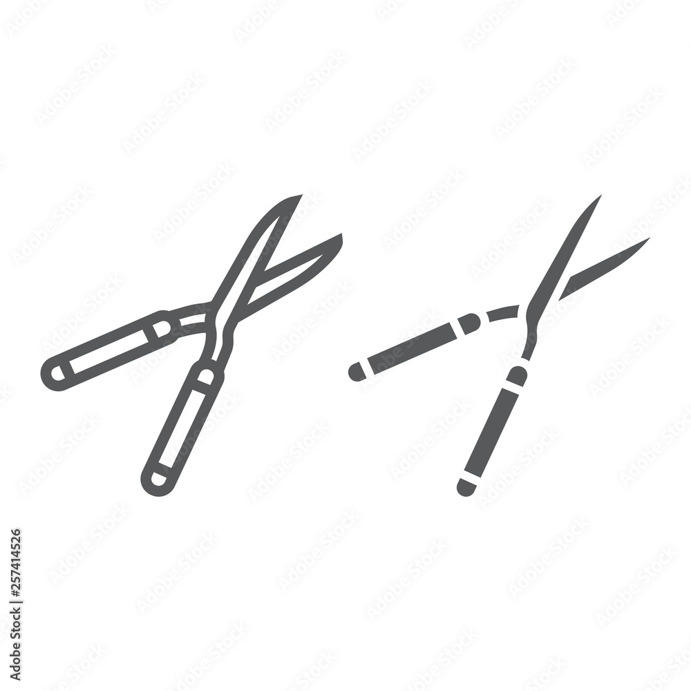Secateurs line and glyph icon, equipment and garden, scissors sign, vector graphics, a linear pattern on a white background. Secateurs line and glyph icon, equipment and garden, scissors sign, vector graphics, a linear pattern on a white background.