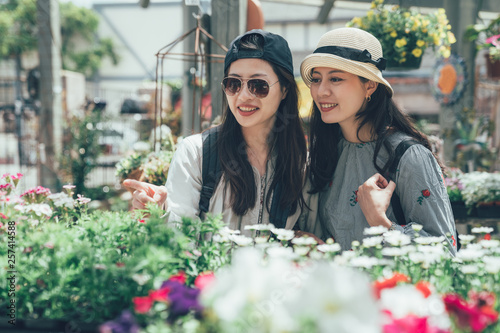 two beautiful Asian women buying flowers happily from the flower shop. Available in a variety of colors. group of young girls roommates talking discussing about plant decorated house together outdoor