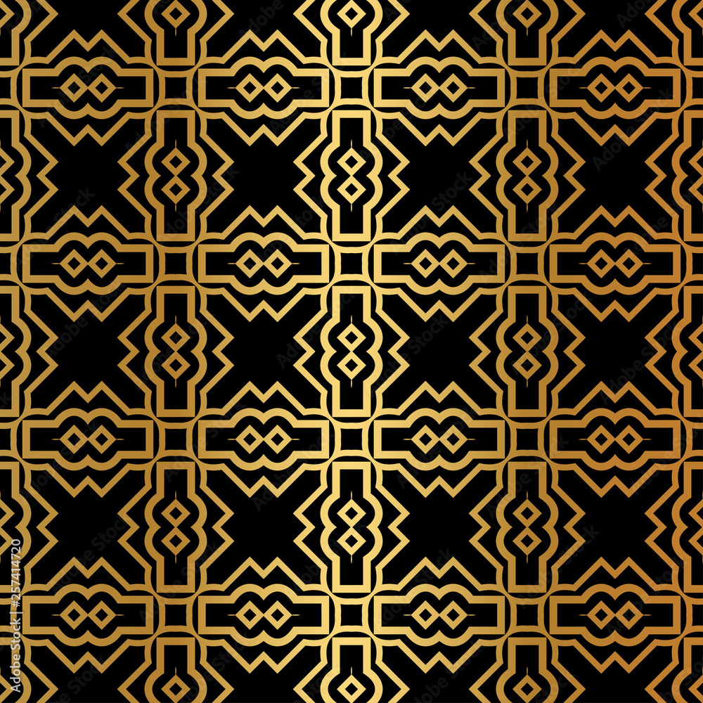 Luxury Art Deco Pattern Of Geometric Elements. Seamless Pattern. Vector Illustration. Design For Printing, Presentation, Textile Industry. Ethnic Arabic, Fashion Decorative Ornament. Black, gold color