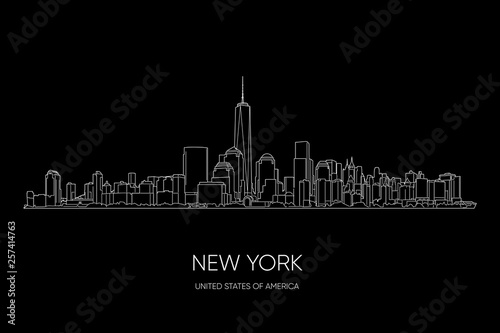 New York vector panorama, hand drawn line art illustration.