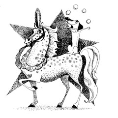 Fototapete Pony Circus, dog juggling balls sitting on a horse, line drawing  © Елена Скрипченко