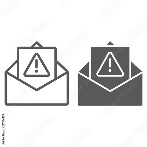 Spam warning line and glyph icon, letter and email, alert mail sign, vector graphics, a linear pattern on a white background.