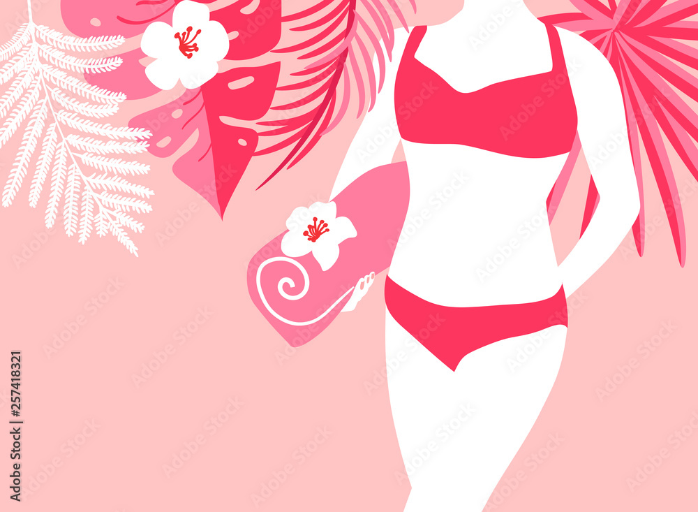 Woman on the beach with towel. Vector illustration with copy space. Summer girl on background of palm leaves in swimsuit, tropical background travel