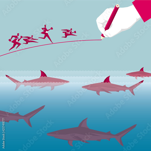 Businessman fleeing shark siege from hand drawn lines.