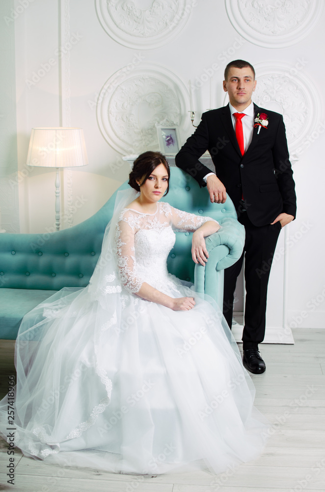 wedding photoshoot in the Studio. the bride and groom posing. groom with a red tie and black business suit. the bride in a white lush dress wedding photoshoot in the Studio. the bride and groom posing. groom with a red tie and black business suit. the bride in a white lush dress