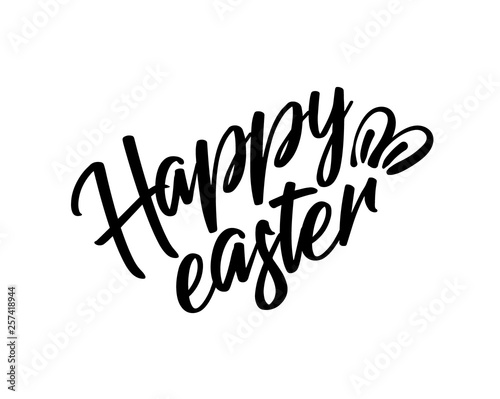 Happy easter black lettering, text with rabbit ears isolated, design for holiday greeting card or invitation, vector
