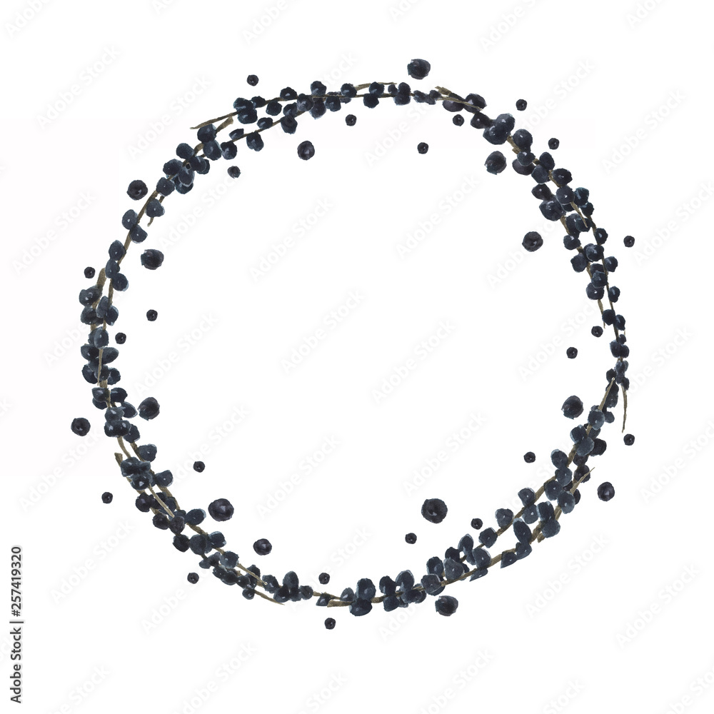 Watercolor round frame wreath of acai berries. Watercolor round frame wreath of acai berries.