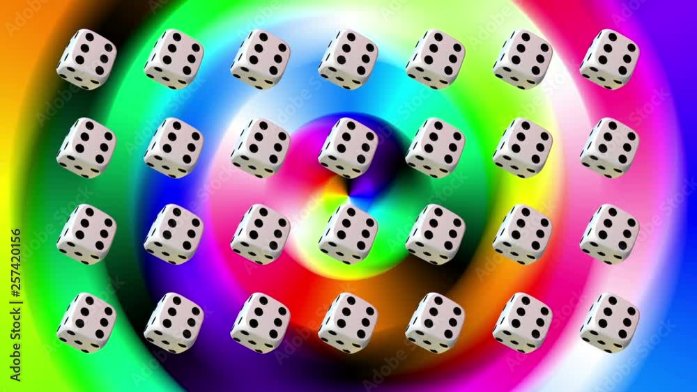 28 white playing dice, rotating on a colored background in concentric circles. 28 white playing dice, rotating on a colored background in concentric circles.