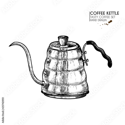 Coffee set. Hand drawn coffee kettle, modern alternative barista equipment. Vector engraved icon. Morning fresh drink. For restaurant and cafe menu, coffee shop flyer, banner design template.