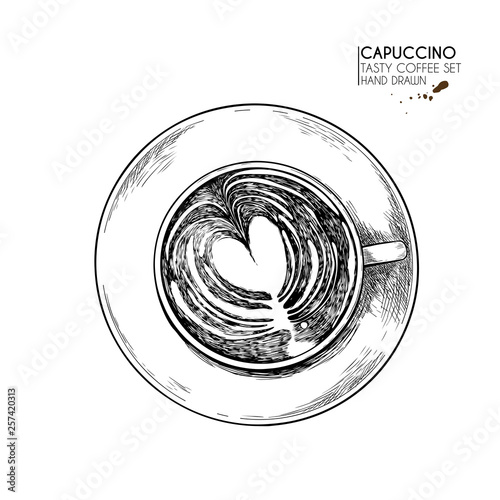 Coffee set. Hand drawn coffee cup from above. top view of mug of cappuccino or late. Vector engraved icon. Morning fresh drink. For restaurant and cafe menu, coffee shop flyer, banner design template.