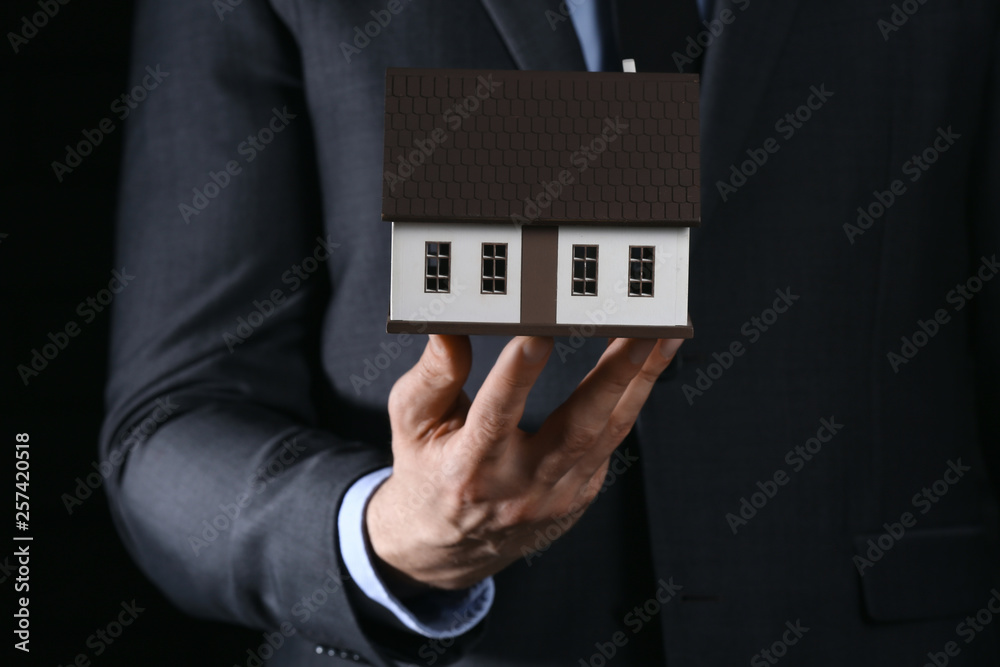 Insurance agent with model of house, closeup. Protection of house from earthquake Insurance agent with model of house, closeup. Protection of house from earthquake