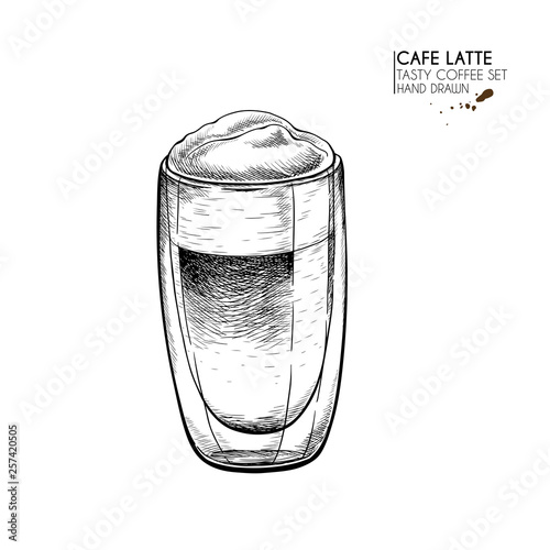 Coffee set. Hand drawn coffee cup. Mug of cappuccino or late with milk foam. Vector engraved icon. Morning fresh drink. For restaurant and cafe menu, coffee shop flyer, banner design template.