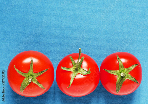 Bright organic tomatoes on a blue background, copy space. - Image