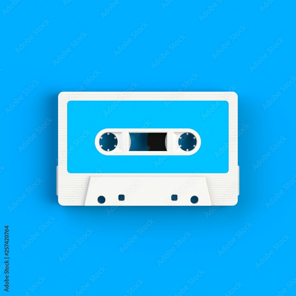 Close up of vintage audio tape cassette illustration on blue background, Top view with copy space, 3d rendering