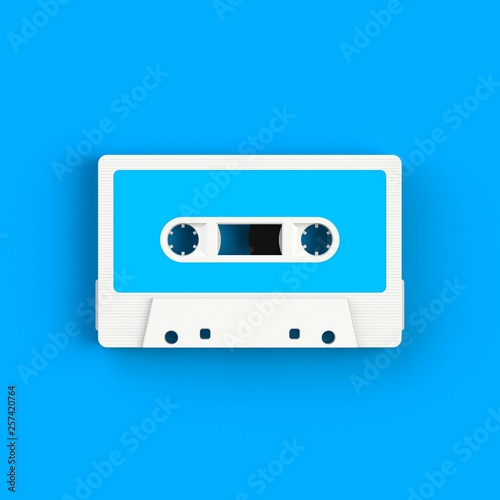 Close up of vintage audio tape cassette illustration on blue background, Top view with copy space, 3d rendering