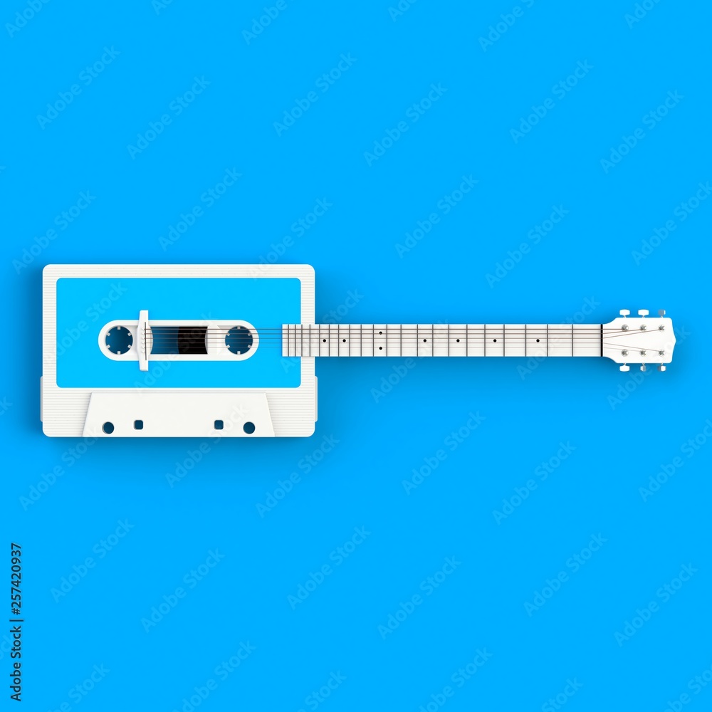 Close up of vintage audio tape cassette with acoustic guitar concept  illustration on blue background, Top view with copy space, 3d rendering  Stock-Illustration | Adobe Stock