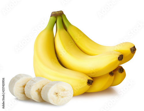 sliced five bananas isolated on white background with clipping path shadow