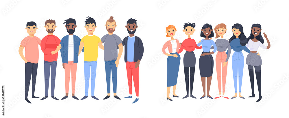 Set of a group of different men and women. Cartoon style characters of different races, gender. Vector illustration caucasian, asian and african american people