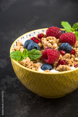 Breakfast bowl with granola,milk and berry fruits
