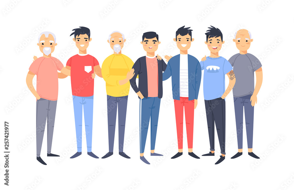 Obraz premium Set of a group of different asian american men. Cartoon style characters of different ages. Vector illustration people