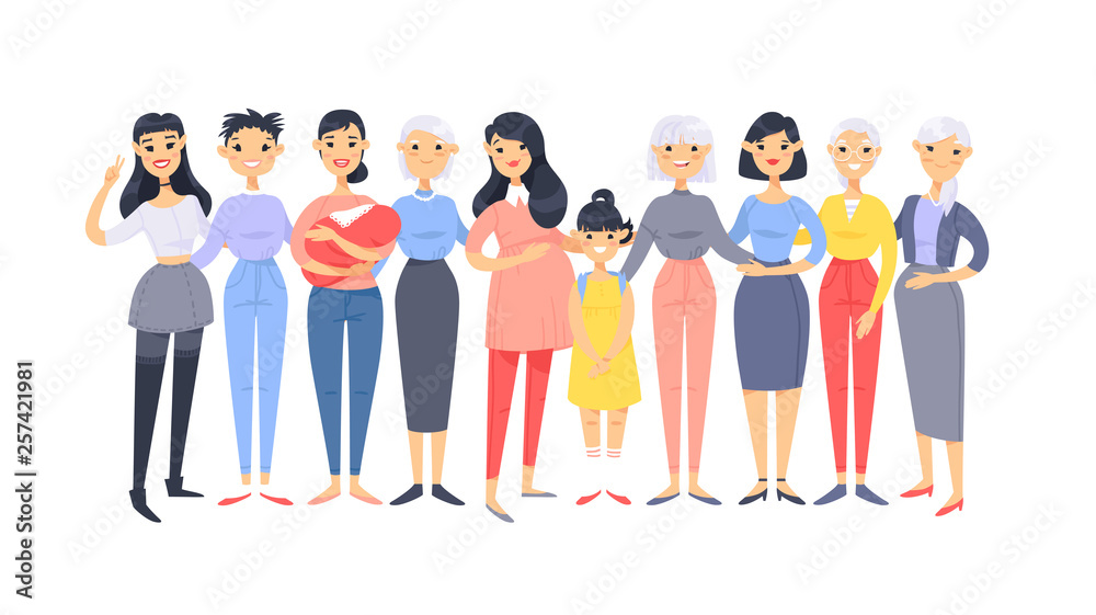 Set of a group of different asian american women. Cartoon style characters of different ages. Vector illustration people