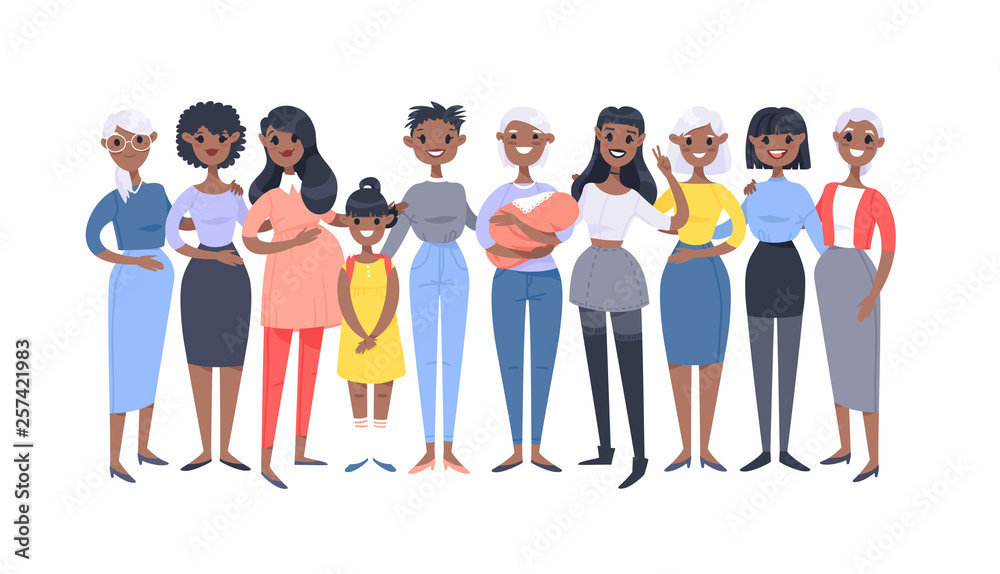 Set of a group of different african american women. Cartoon style characters of different ages. Vector illustration people Set of a group of different african american women. Cartoon style characters of different ages. Vector illustration people