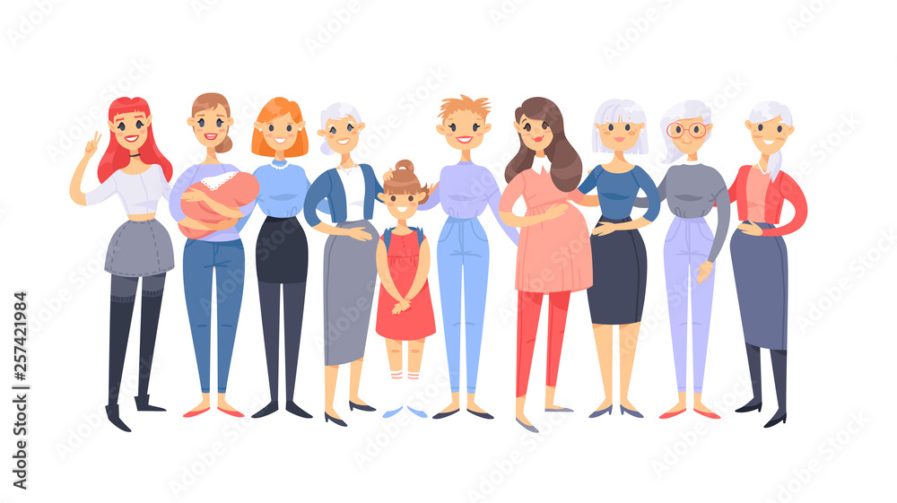 Set of a group of different caucasian women. Cartoon style european characters of different ages. Vector illustration american  people