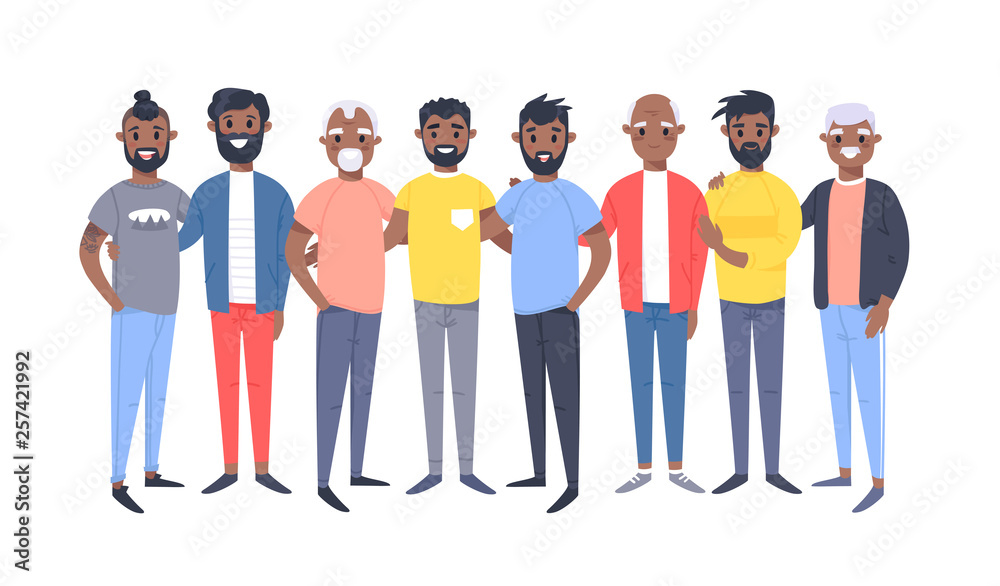 Set of a group of different african american men. Cartoon style characters of different ages. Vector illustration people