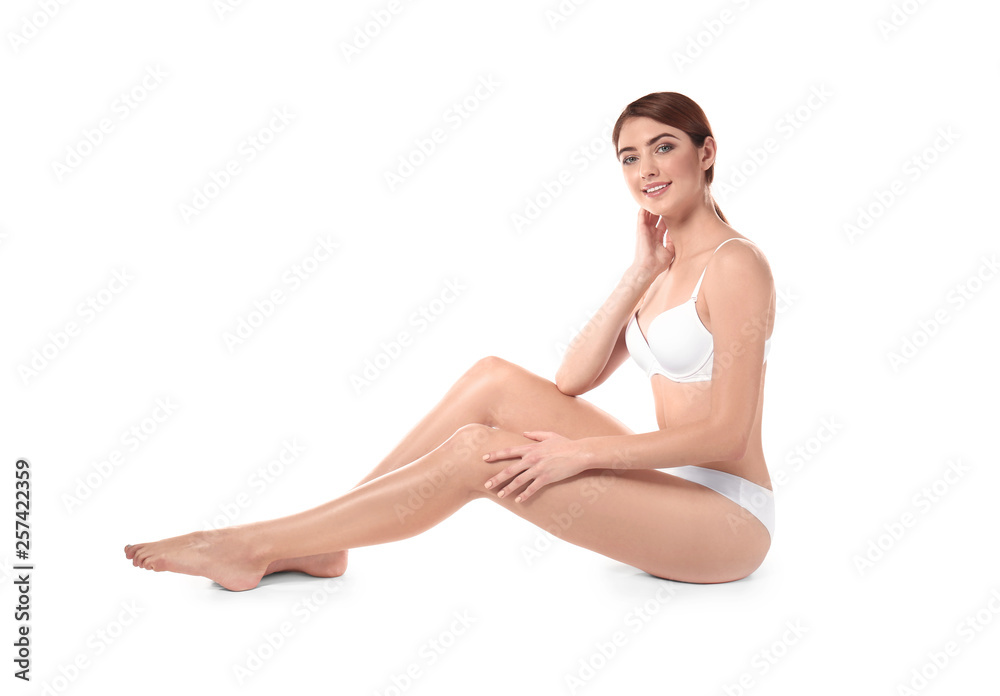Beautiful young woman in underwear on white background Beautiful young woman in underwear on white background